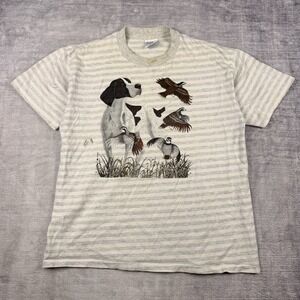 Vtg Nature Shirt Mens Large White Striped Vtg 90s Dog Partridge Hunting Art